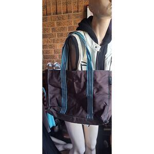 Y2K Domino Brown Tote Bag Blue Striped Handles Large Shopper Shoulder Bag
